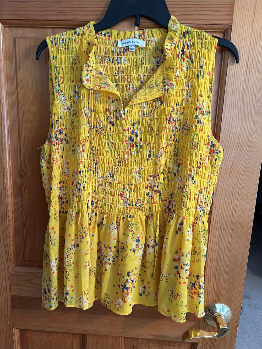 Rose & Olive Bright Yellow Floral Smocked Sleeveless Peplum Top